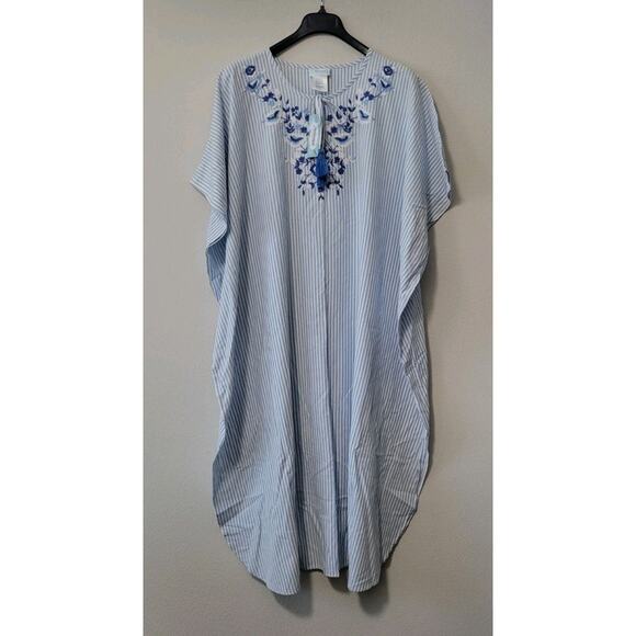 National Women's Maxi House Dress Blue Stripe Embroidered NEW Kaftan - Picture 1 of 8